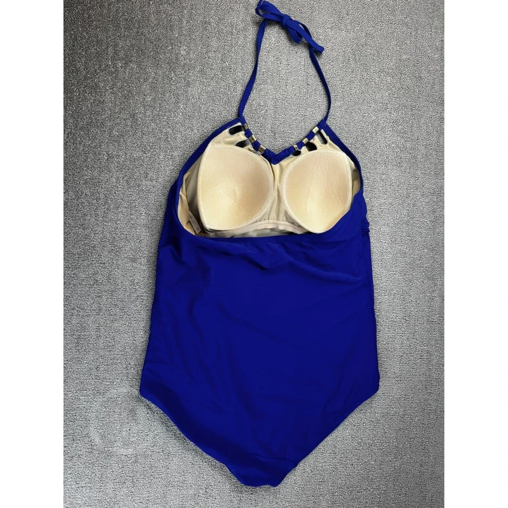 Cacique One Piece Swimsuit Plus Size 22 Royal Blue Halter Gold Hardware Wireless